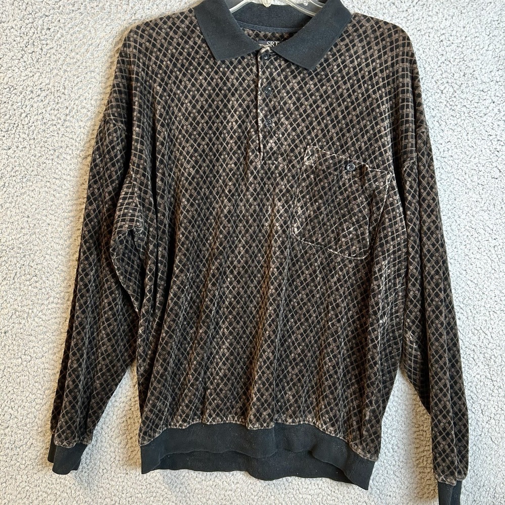 SRT Men's Brown Checkered Long Sleeve Polo Shirt Size Large Velour Vintage Top